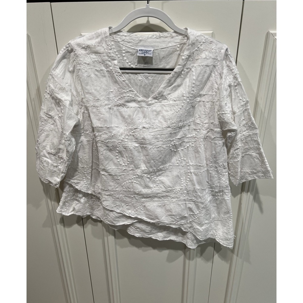 Vintage Cottonseed White Cotton Asymmetric Top Artsy Embroidered Boho Beach